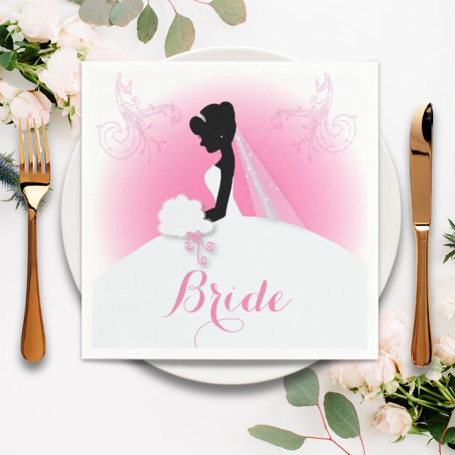 Serviette En Papier Fête des mariées de silhouette de Mme Right Pink (Mrs Right Pink bride silhouette Bridal Shower Napkins)