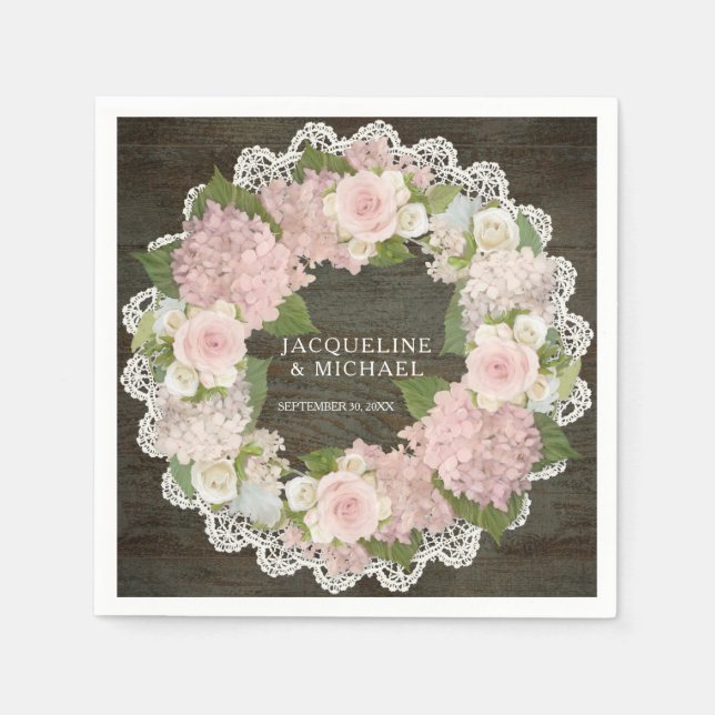 Serviette En Papier Fête des mariées dentelle en bois foncé Hydrangea  (Devant)