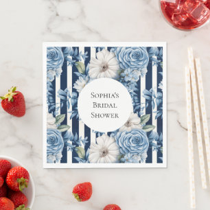 Serviette En Papier Fête des mariées des rayures florales bleu marine