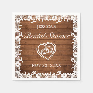 Serviette En Papier Fête des mariées en bois rustique et dentelle blan