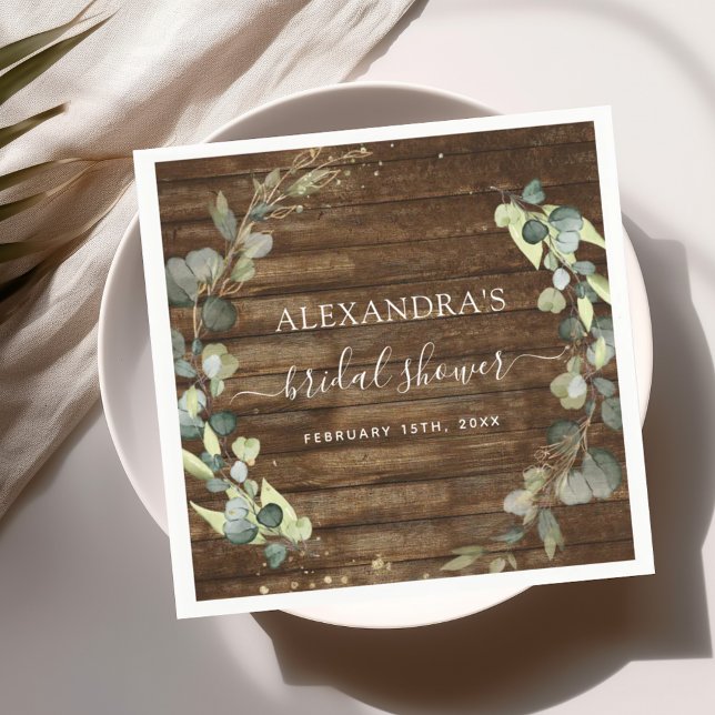 Serviette En Papier Fête des mariées Eucalyptus Vert Bois rustique (Créateur téléchargé)