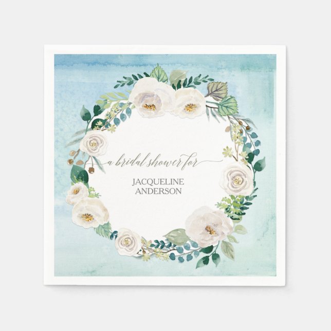 Serviette En Papier Fête des mariées Floral Wreath Blue Ivory Rose Rus (Devant)