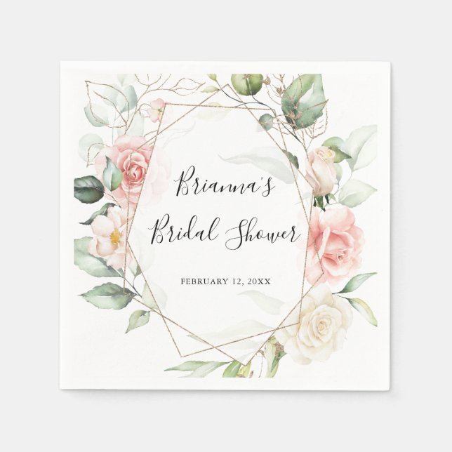 Serviette En Papier Fête des mariées florale de feuillage vert or géom (Devant)