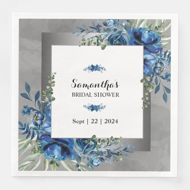Serviette En Papier Fête des mariées florale en argent et bleu enchant (Devant)