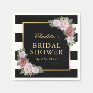 Serviette En Papier Fête des mariées florale rose noir et blanc rayé