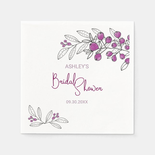 Serviette En Papier Fête des mariées minimale  Purple Berries Feuilles (Devant)
