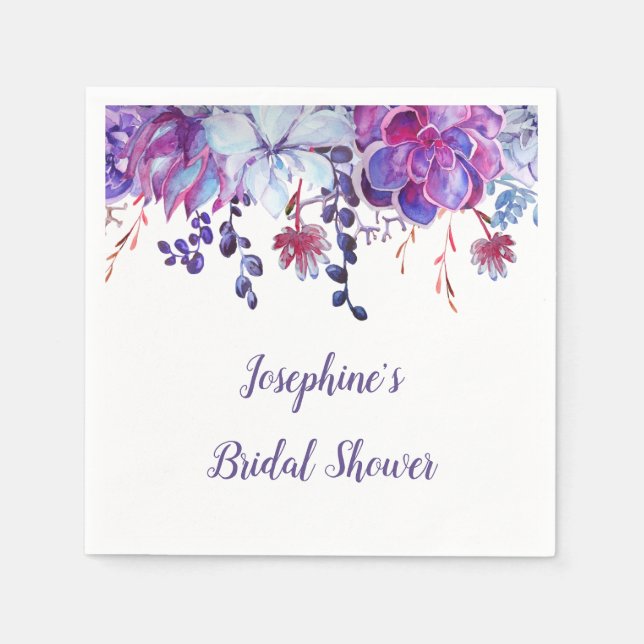 Serviette En Papier Fête des mariées moderne violet aquarelle Succulen (Devant)