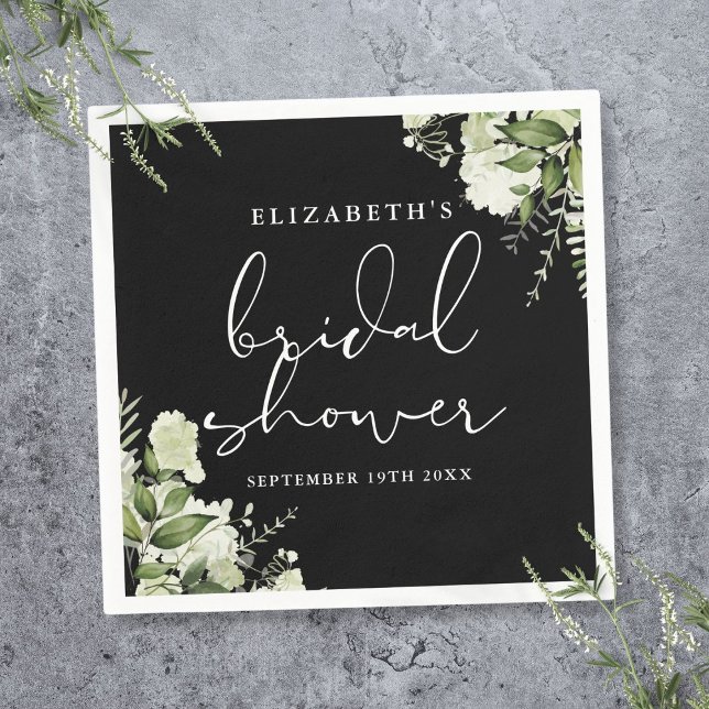 Serviette En Papier Fête des mariées Noire Et Blanc Élégante (Greenery Elegant Black And White Bridal Shower Napkins)