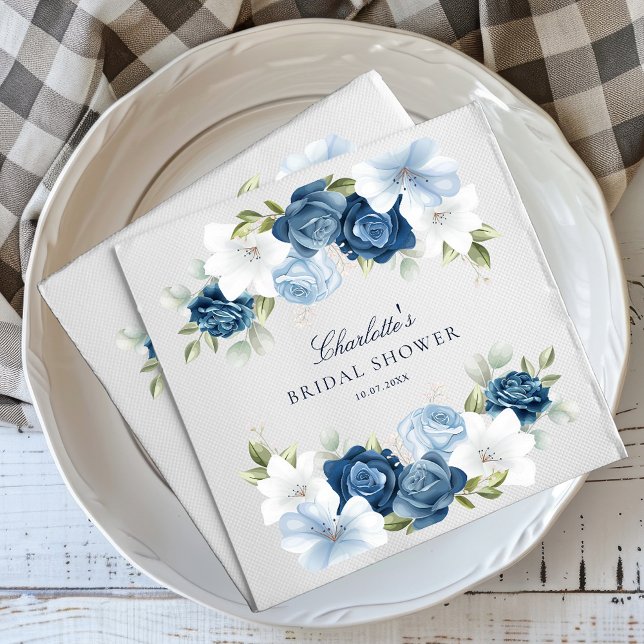 Serviette En Papier Fête des mariées papier floral bleu Dusty (Modern Elegant Dusty Blue Floral Watercolor Script Bridal Shower Paper Napkins)