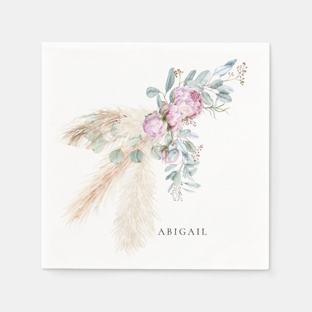 Serviette En Papier Fête des mariées personnalisée Boho Pink Peonies (Devant)