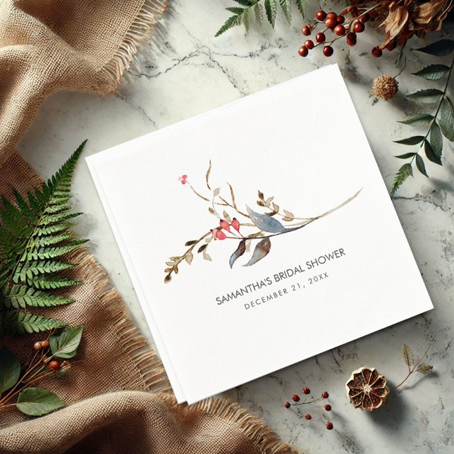 Serviette En Papier Fête des mariées personnalisée serviettes décorati (Rustic cocktail napkins watercolor twigs and berries personalized)