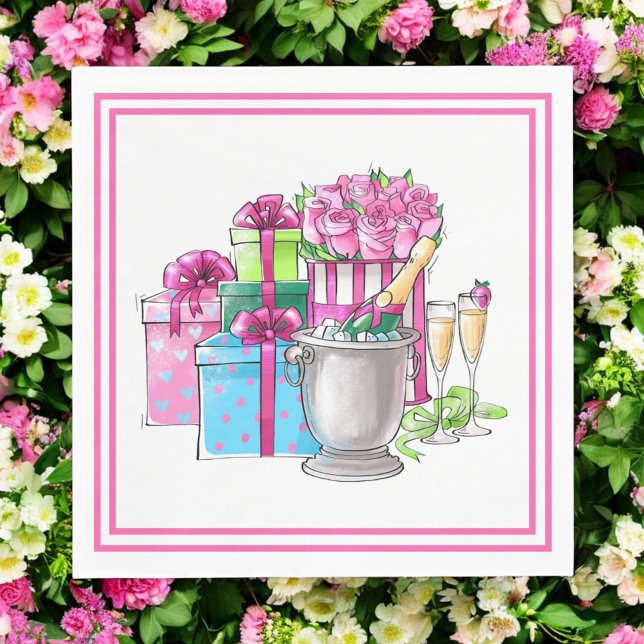 Serviette En Papier Fête des mariées Pink Green Cadeaux Champagne Verr (Créateur téléchargé)