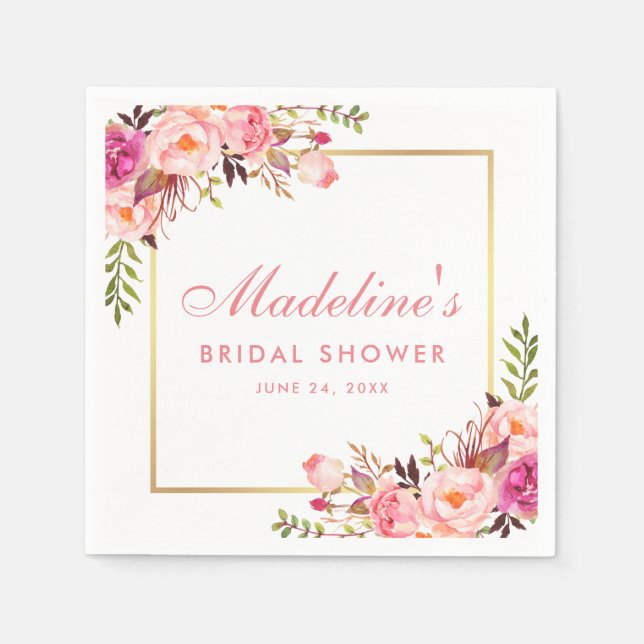 Serviette En Papier Fête des mariées Rose Blush Gold Frame Floral (Devant)