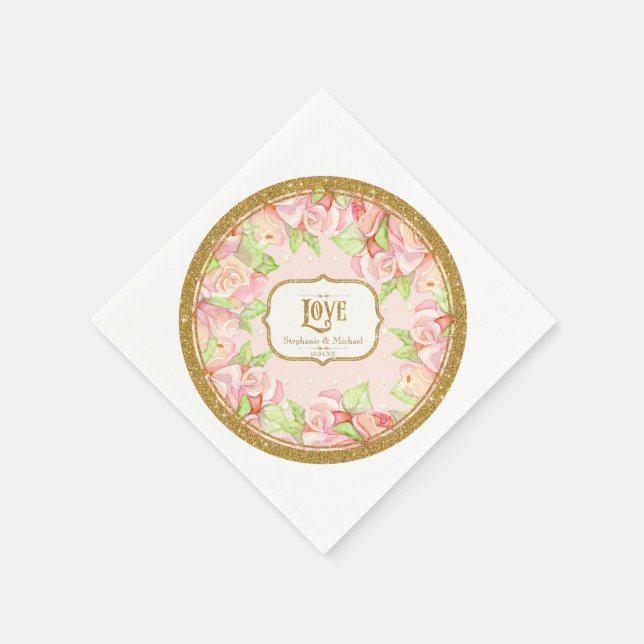 Serviette En Papier Fête des mariées Table Décor Aquarelle Rose Bouque (Coin)