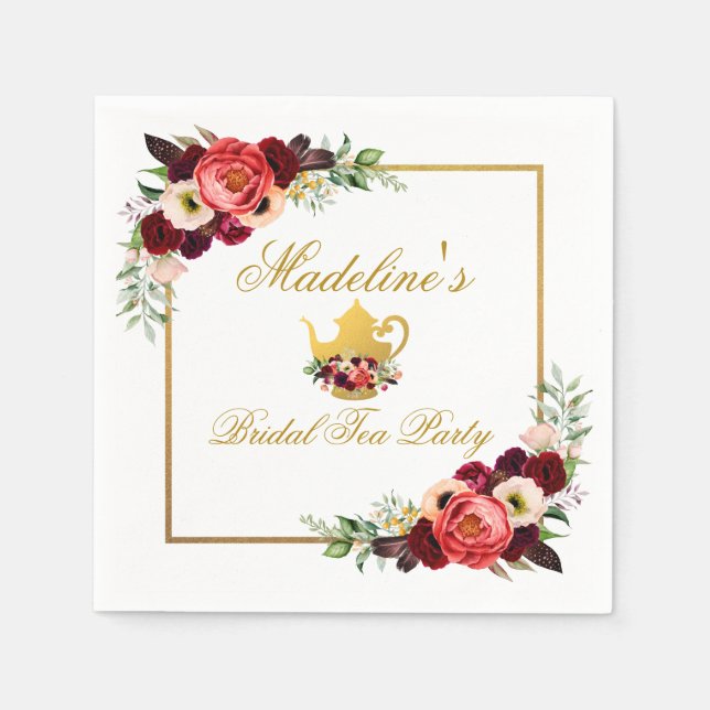 Serviette En Papier Fête des mariées Tea Party Bourgogne Boho Floral G (Devant)