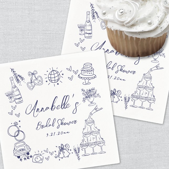 Serviette En Papier Fête des mariées Whimsical Bleu Marine (Hand Drawn Navy Blue Whimsical Bridal Shower Napkins)