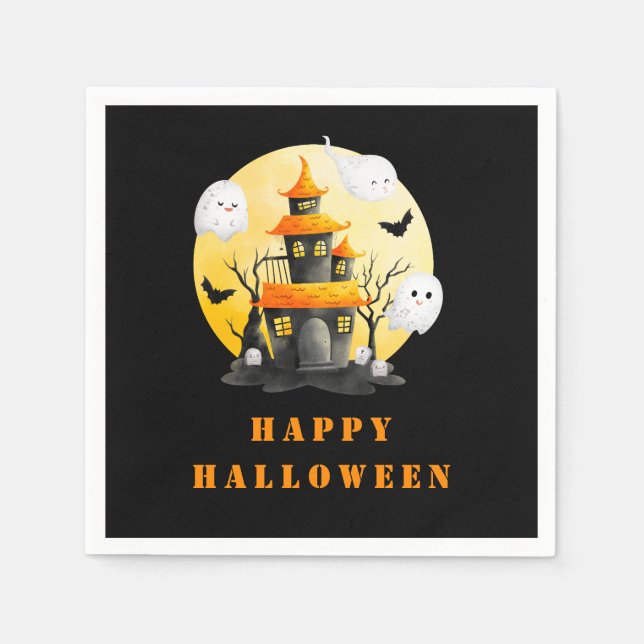 Serviette En Papier Fête d'Halloween avec Maison hantée et Fantômes (Devant)