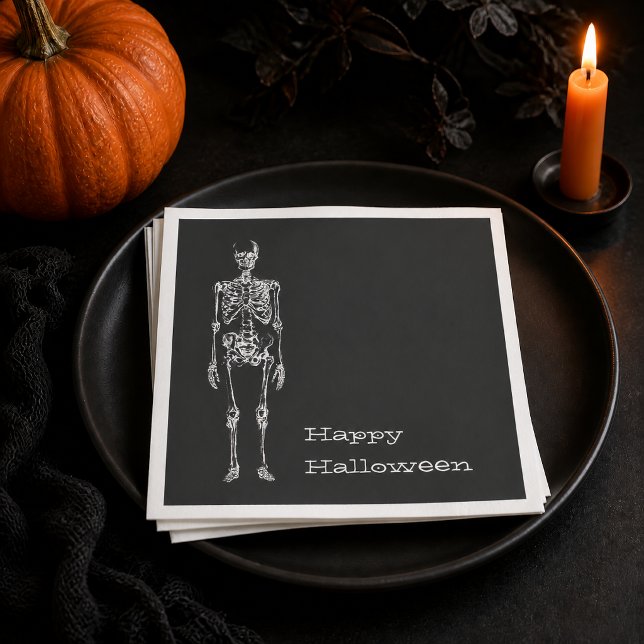 Serviette En Papier Fête d'Halloween Esprit Noir Squelette Blanc (Invite a little bone-chilling fun to your table with this delightfully spooky Halloween design. )