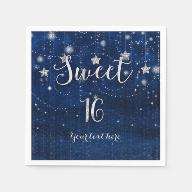 Serviette En Papier Fête douce 16 Bleu et Argent Céleste Étoilé (Devant)