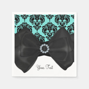 Serviette En Papier Fête Douce 16 Bling Bow Glam Damassé Noir et Bleu 