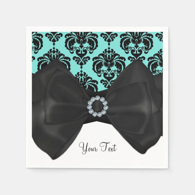 Serviette En Papier Fête Douce 16 Bling Bow Glam Damassé Noir et Bleu  (Devant)