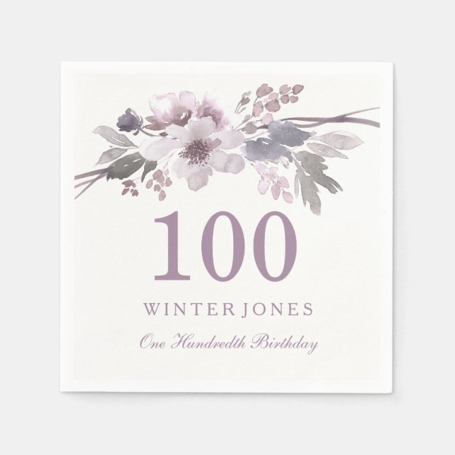 Serviette En Papier Fête du 100e anniversaire de fleurs violettes joli (Devant)