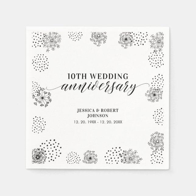 Serviette En Papier Fête du 10e anniversaire du Mariage noir moderne (Devant)