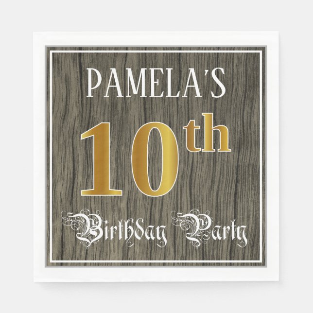Serviette En Papier Fête du 10e anniversaire — Faux Gold & Faux Wood L (Devant)