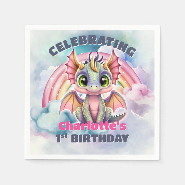 Serviette En Papier Fête du 1er anniversaire Dragon Rose (Devant)