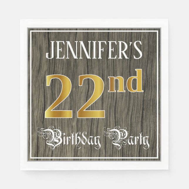 Serviette En Papier Fête du 22e anniversaire — Faux Gold & Faux Wood L (Devant)