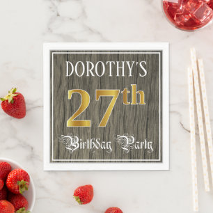 Serviette En Papier Fête du 27e anniversaire — Faux Gold & Faux Wood L