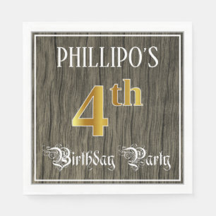 Serviette En Papier Fête du 4e anniversaire — Faux Gold & Faux Wood Lo