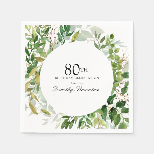 Serviette En Papier Fête du 80e anniversaire Moderne Botanique Verte (Devant)