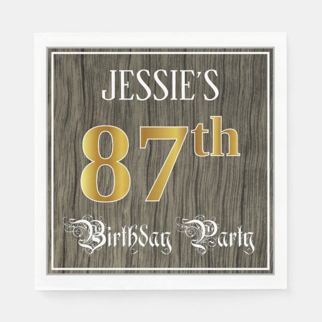 Serviette En Papier Fête du 87e anniversaire — Faux Gold & Faux Wood L (Devant)