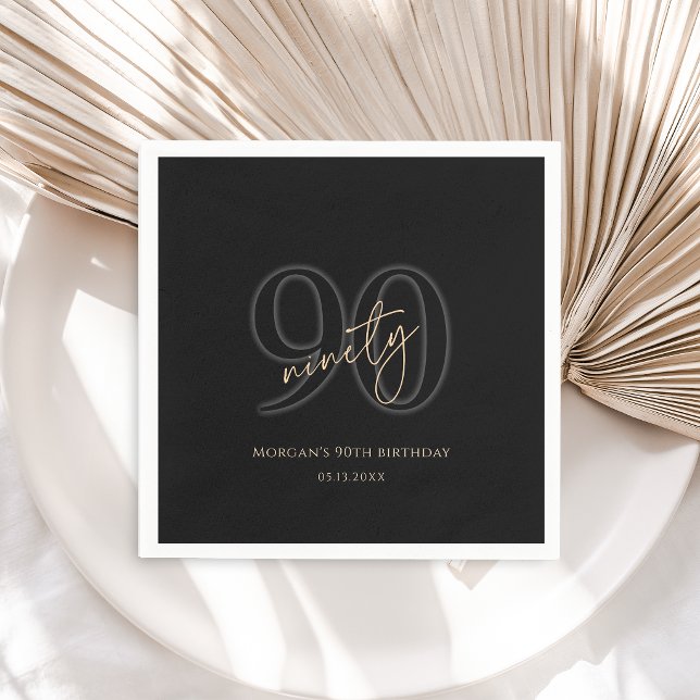Serviette En Papier Fête du 90e anniversaire de Modern Black Gold (Modern Black Gold 90th Birthday Party Napkins)