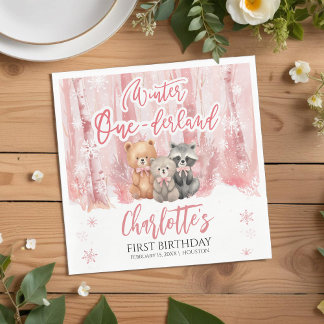 Serviette En Papier Fête du premier anniversaire de l'ours rose Oneder