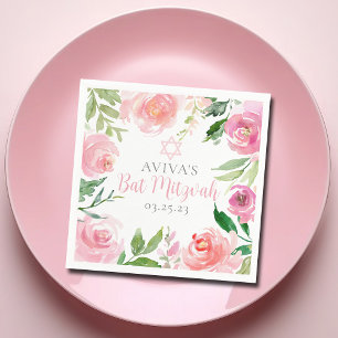 Serviette En Papier Fête élégante de Bat Mitzvah Fleurs roses personna