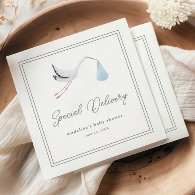Serviette En Papier Fête élégante de bébé cigogne (Elegant hand painted stork blue boys baby shower napkins.)