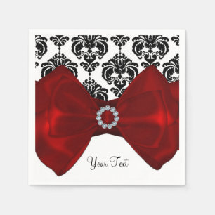 Serviette En Papier Fête en noir et blanc damassé Nœud rouge Glam Swee