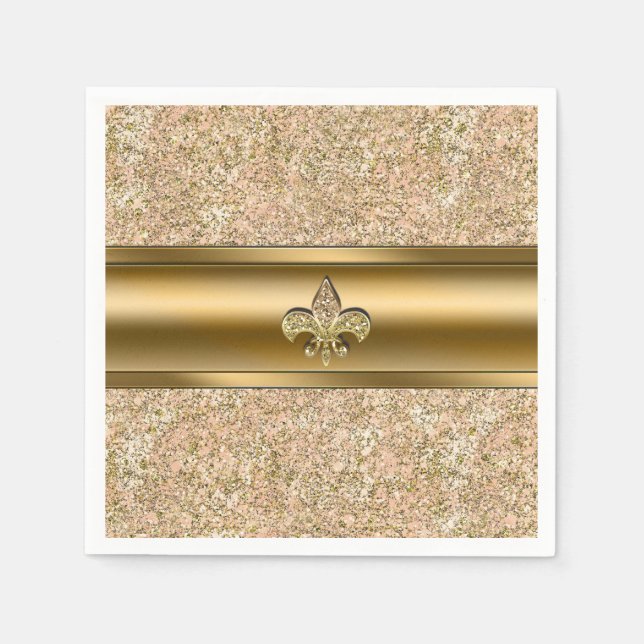 Serviette En Papier Fête Fleur de lis Pailletée Rose et Or (Devant)
