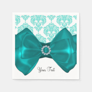 Serviette En Papier Fête Glamour Bow Bling Damassé Blanc & Sarcelle Sw