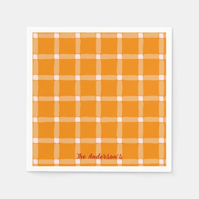 Serviette En Papier Fête Halloween Citrouille Orange Gingham Rétro (Devant)