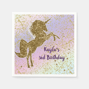 Serviette En Papier Fête Licorne Étoiles Paillettes Or Pastel Arc-en-C