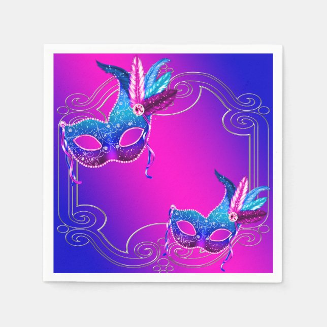 Serviette En Papier Fête Masquée Rose Violet Bleu Canard (Devant)