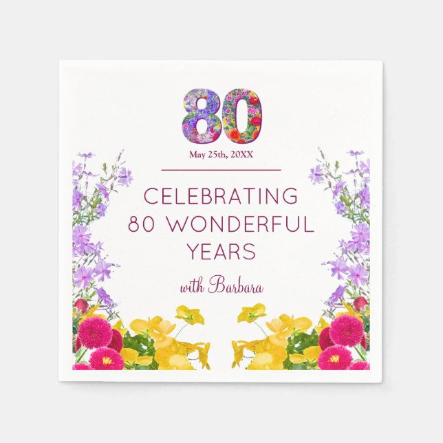 Serviette En Papier fête moderne de fleurs pour 80 ans élégant (Devant)