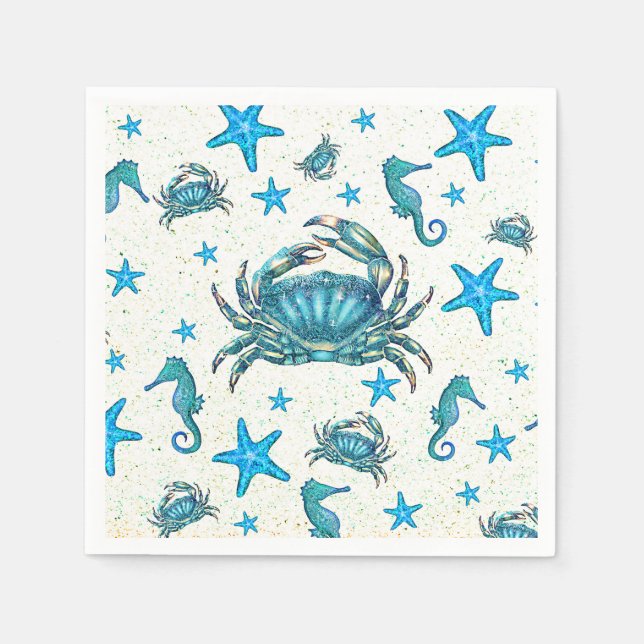 Serviette En Papier Fête moderne étoile de mer crabe bleu hippocampe b (Devant)