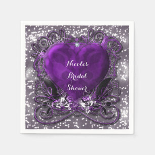 Serviette En Papier Fête Paillettes Cœur Violet & Argent