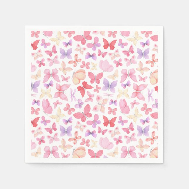 Serviette En Papier Fête Papillons Rose Violet Jaune (Devant)