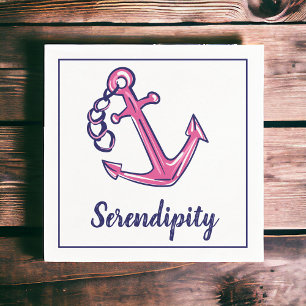 Serviette En Papier Fête personnalisée avec ancre rose nautique et nom
