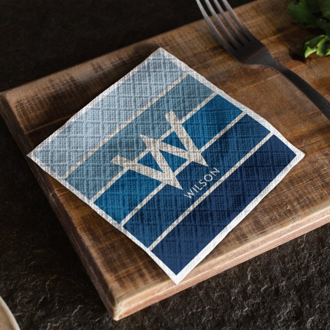 Serviette En Papier Fête Personnalisée avec Monogramme Rayé Dégradé Bl (Créateur téléchargé)